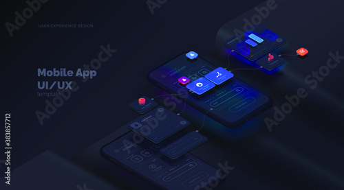 User experience. Smartphone mockup on black background with interactive user interface. The process of creating a mobile application. Website wireframe for mobile apps with active layers and links