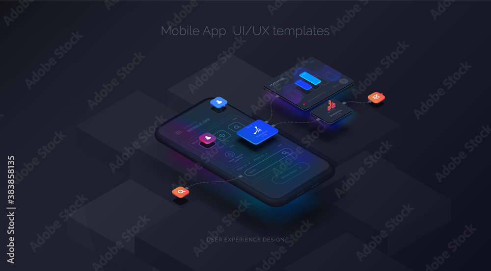 User experience. Smartphone mockup on black background with interactive user interface. The process of creating a mobile application. Website wireframe for mobile apps with active layers and links