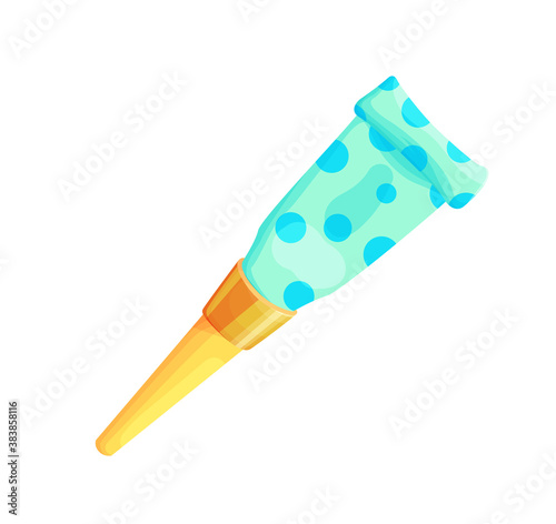 Birthday party whistle accessory. Isolated clown blower. 3d blowout isolated vector illustration. Carnival popper object. Plastic roll buzzer.