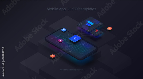 User experience. Smartphone mockup on black background with interactive user interface. The process of creating a mobile application. Website wireframe for mobile apps with active layers and links photo