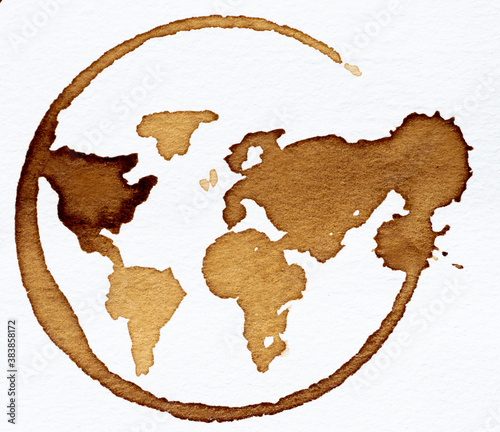 Drawing of a world map inside a coffee stain with white background