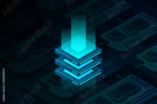 Data storage and processing, abstract technology elements, cloud storage data flow, data center, isometric server rack concept dark blue vector illustration