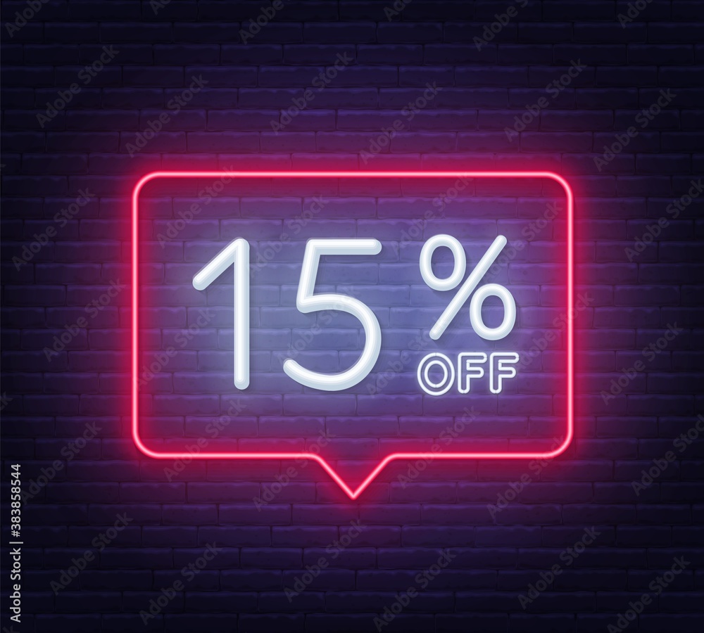 15 percent off neon sign on brick wall background. Vector illustration. 15 percent off neon sign on brick wall background. Vector illustration.