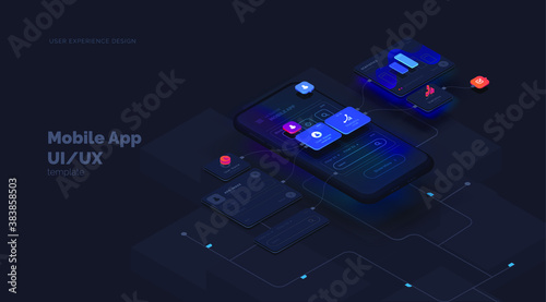 User experience. Smartphone mockup on black background with interactive user interface. The process of creating a mobile application. Website wireframe for mobile apps with active layers and links
