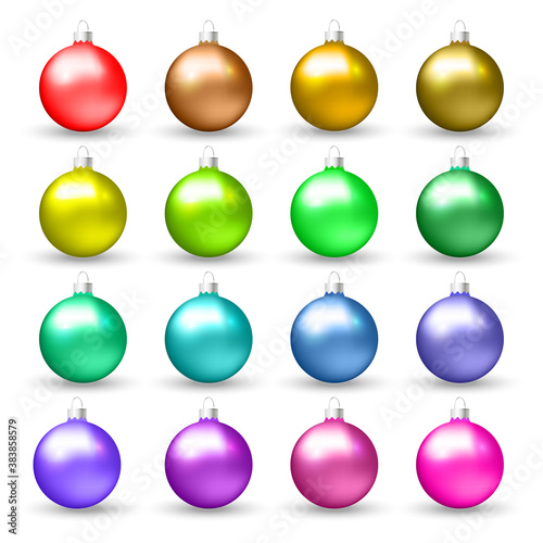 Set of Christmas glossy colorful balls. Xmas glass ball. Decoration for Christmas tree. Isolated on white background. Vector illustration.