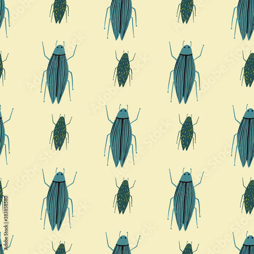 Blue colored bugs ornament seamless doodle pattern. Hand drawn simple elements on light yellow background.