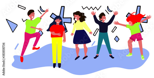 Friends have fun together. Dancing friends, Funny dancing jumping characters. Vector abstract illustration