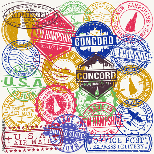 Concord New Hampshire Set of Stamps. Travel Stamp. Made In Product. Design Seals Old Style Insignia.