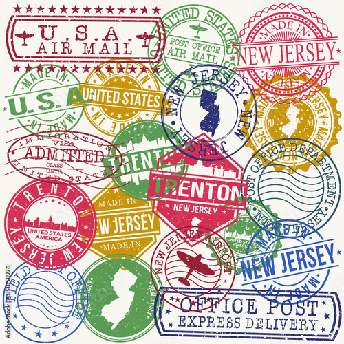Trenton New Jersey Set of Stamps. Travel Stamp. Made In Product. Design Seals Old Style Insignia.