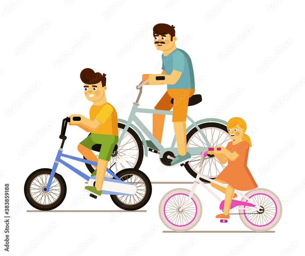 Happy family with father, son and daughter riding bicycle riding bicycle together vector illustration isolated on white background Happy family with father, son and daughter riding bicycle riding bicycle together vector illustration isolated on white background