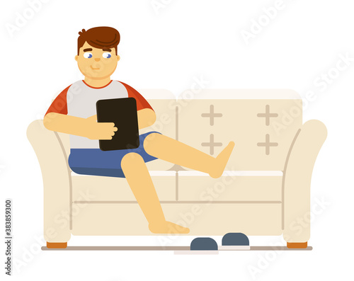 Young man rest on sofa with mobile tablet chatting social network or watching video vector illustration isolated on white background