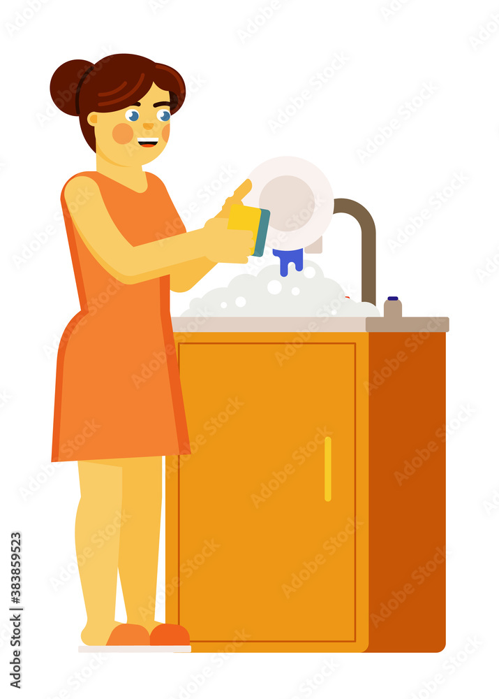 Smiling woman washing dish performing everyday household duty routine vector illustration isolated on white background Smiling woman washing dish performing everyday household duty routine vector illustration isolated on white background