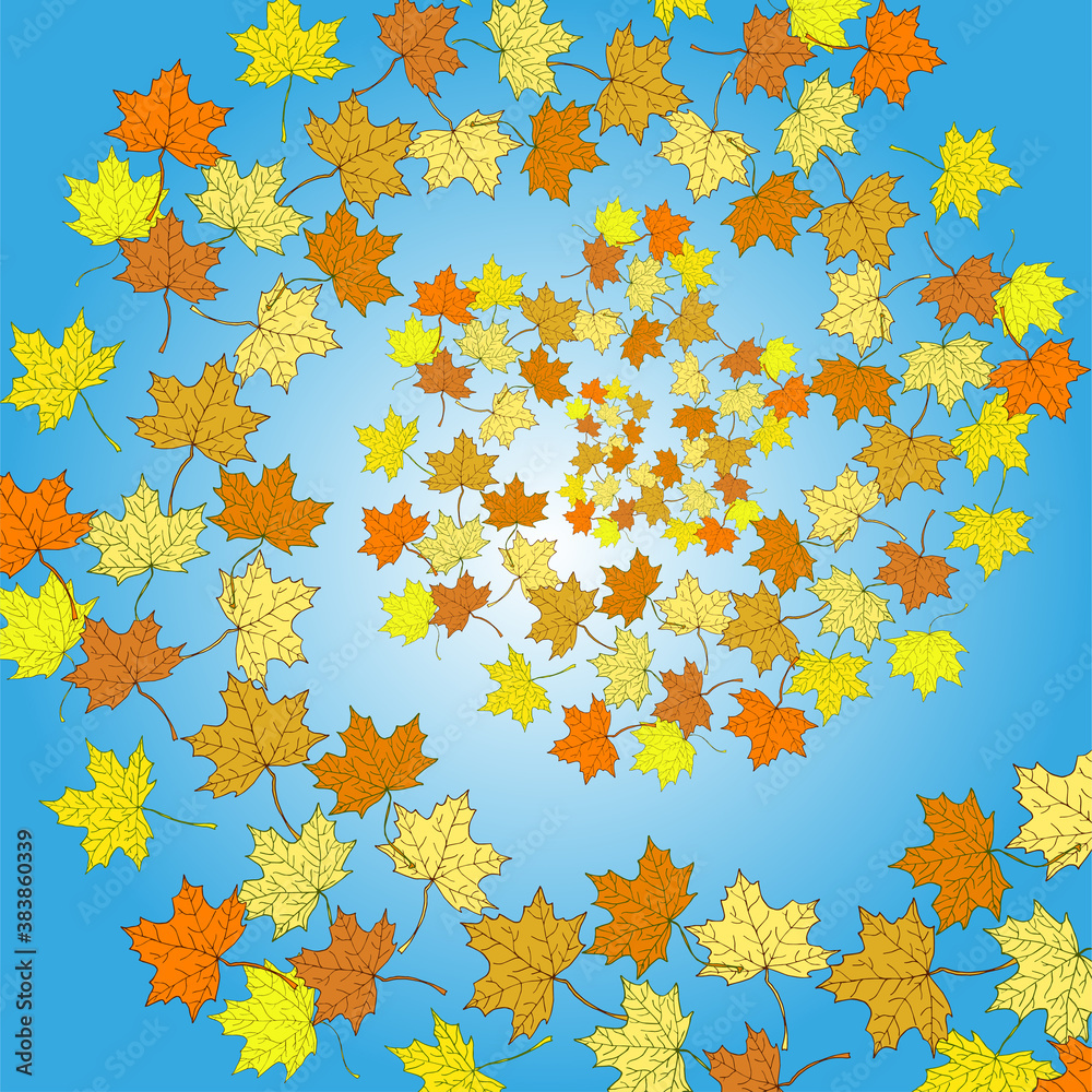Falling yellow and brown maple leaves on blue background. Autumn vector illustration. Falling yellow and brown maple leaves on blue background. Autumn vector illustration.