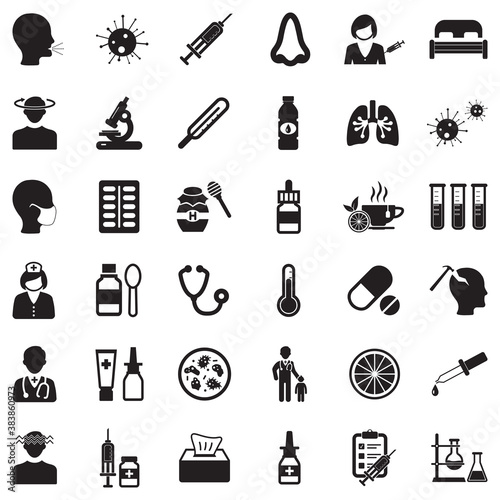 Flu Icons. Black Flat Design. Vector Illustration.