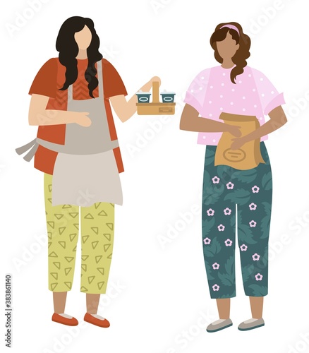 Vector illustration. A cafe. Takeaway food and drinks. Pickup of food. The waiter packed the food and made the coffee. Template for a postcard or banner.