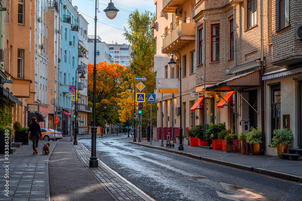 Street in center of Moscow in Russia. Cozy cityscape in Moscow. Architecture and landmarks of Moscow.