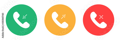 Phone sign icon. Incoming and missed call. Isolated round collection of ringing phone. Flat button on white background. Outgoing call pictogram. Vector EPS 10.