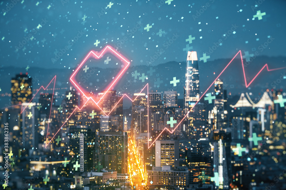 Obraz premium Abstract virtual concept of heart pulse illustration on San Francisco skyline background. Medicine and healthcare concept. Multiexposure