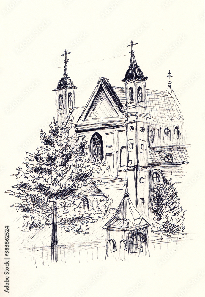 Pen illustration of Church of Holy Apostles Peter and Paul in Minsk, Belarus. Eastern European cathedral sketch drawing. Use for card, decoration, travel banner, print. Historical landmark artwork.