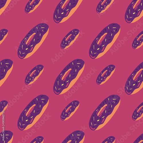 Diagonal located donuts ornament seamless pattern. Purple sweet dessert elements on pink background.