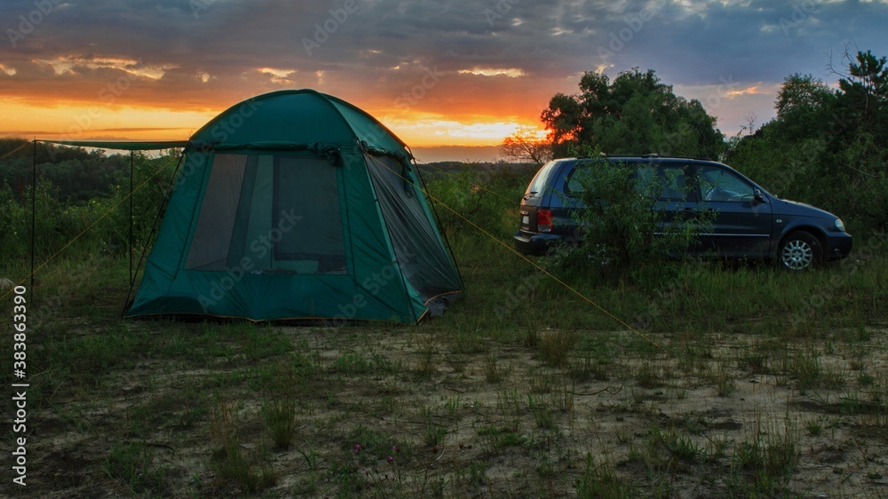 Landscape with camping in the evening