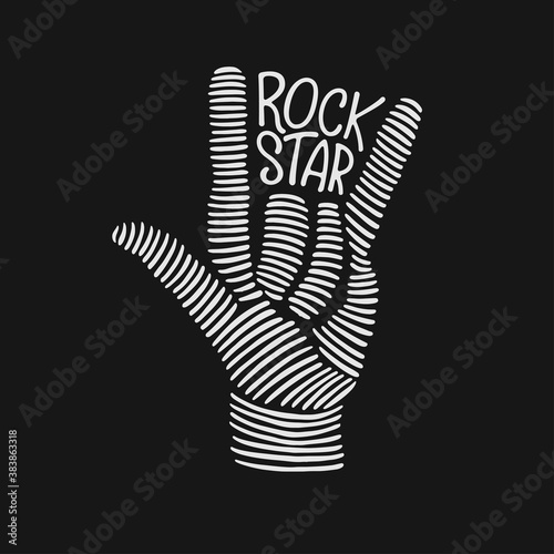 Rock star quote with hand gesture hand drawn t-shirt design. Vector vintage illustration.