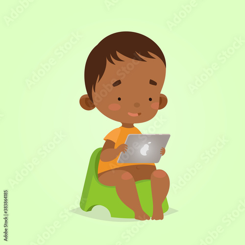 Cute vector illustration for children. Cartoon style. Isolated character. Modern technologies for kids. Baby toddler boy with tablet on a potty.