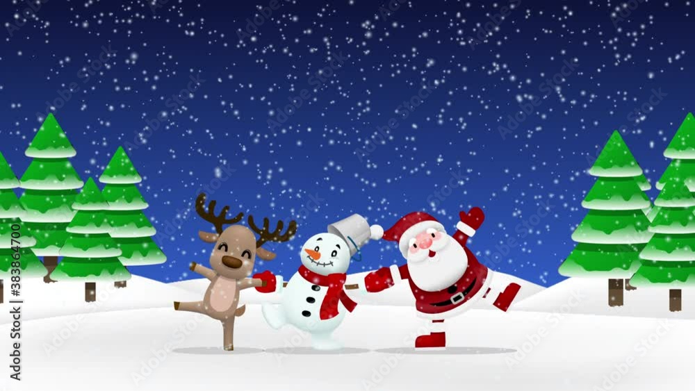 Merry christmas companion, Santa claus, snowman and reindeer holding hand each other and celebrate in winter season with snow and pine tree in the background. Merry christmas companion, Santa claus, snowman and reindeer holding hand each other and celebrate in winter season with snow and pine tree in the background.