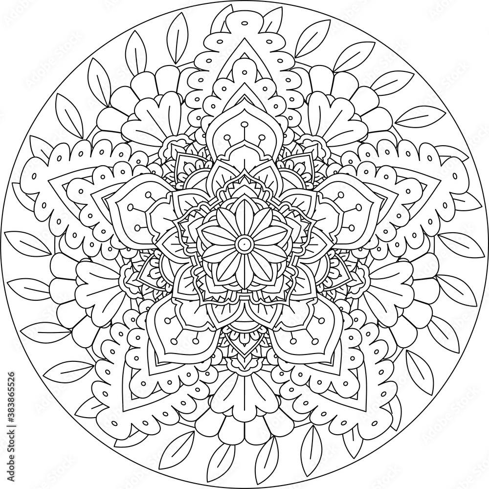 Mandala Circular Pattern for Henna, Mehndi, Tattoo, Decoration. Decorative Ornament in Ethnic Oriental Style. Coloring book page. Vector Mandala with Abstract Elements. isolated on white background.
