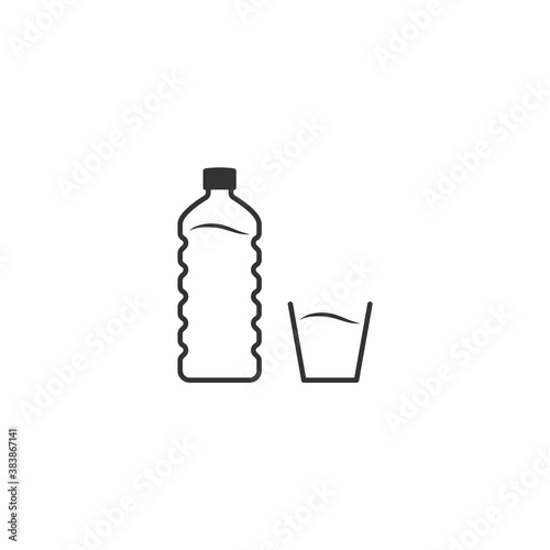 Plastic bottle and glass of water. Line icon. Embossed bottle. Flat design. Vector