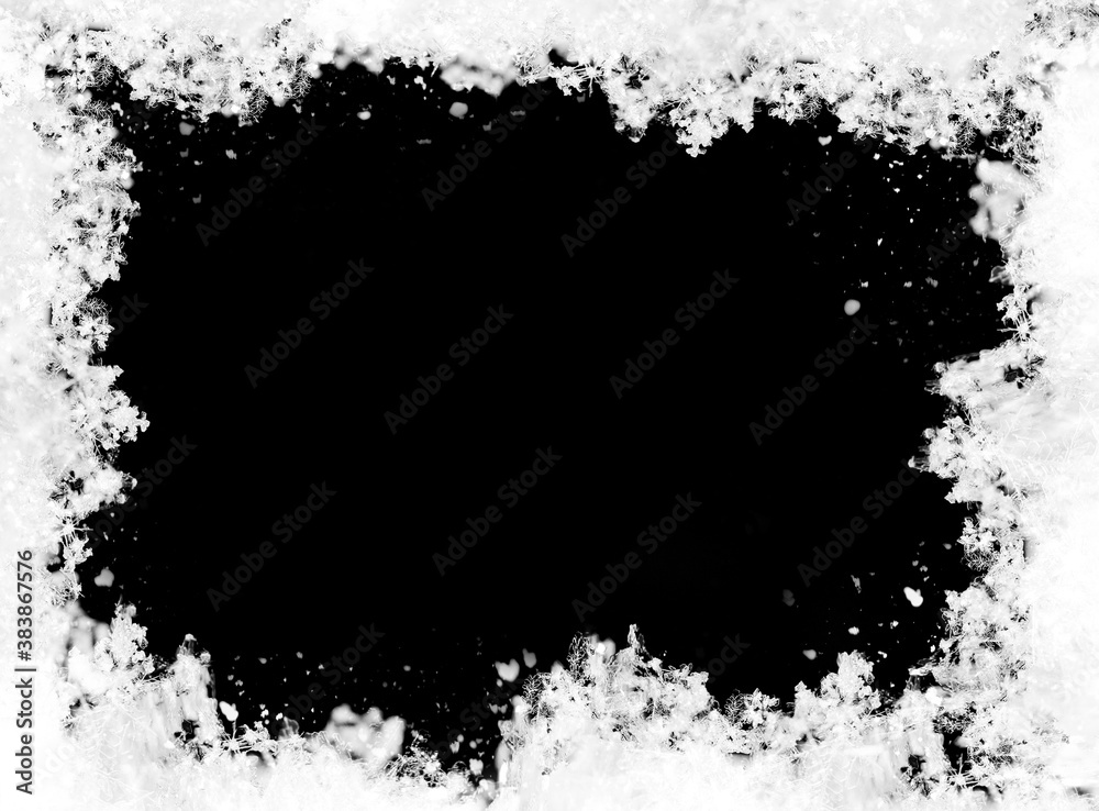 Snow on window frame isolated on black, for Christmas winter ideas