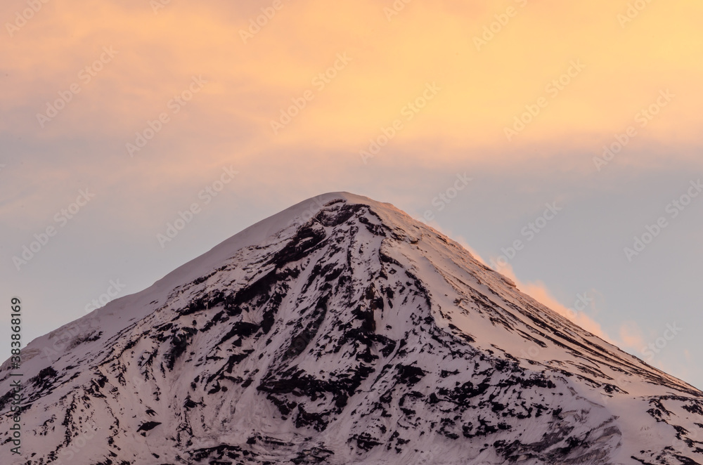 Peak of the Lanin Volcano at sunset