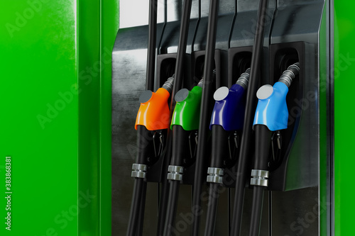 3d rendering scene of the colorful petrol pump filling nozzle on the green tank metal cover background.
