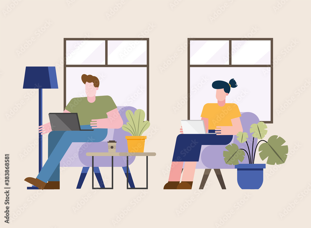 Man and woman with laptop working on chair from home vector design