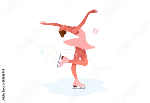 Beautiful girl skating at the rink in pink costume. Vector illustration. Cartoon character. Slim fitted body concept. New year or Merry Christmas design.