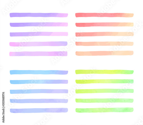 Colorful gradient watercolor vector stripes, long rectangle brush strokes, smears set. Painted graphic elements collection. Hand drawn watercolour streaks, lines, bars, ribbons. Text background. 
