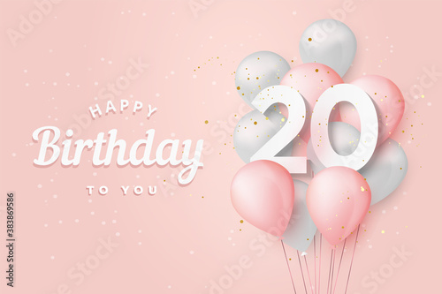 Happy 20th birthday balloons greeting card background. 20 years anniversary. 20th celebrating with confetti. Vector stock