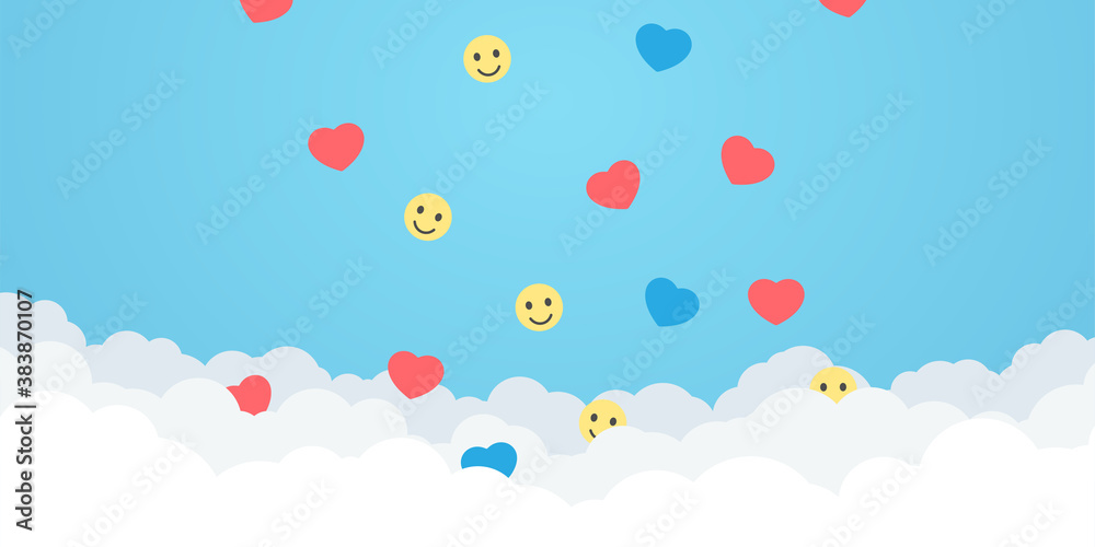Smile, like and notification icons over clouds. Vector illustration