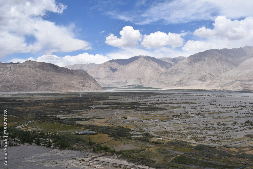 Beautiful landscape view of nubra valley and river  bed Leh Ladakh