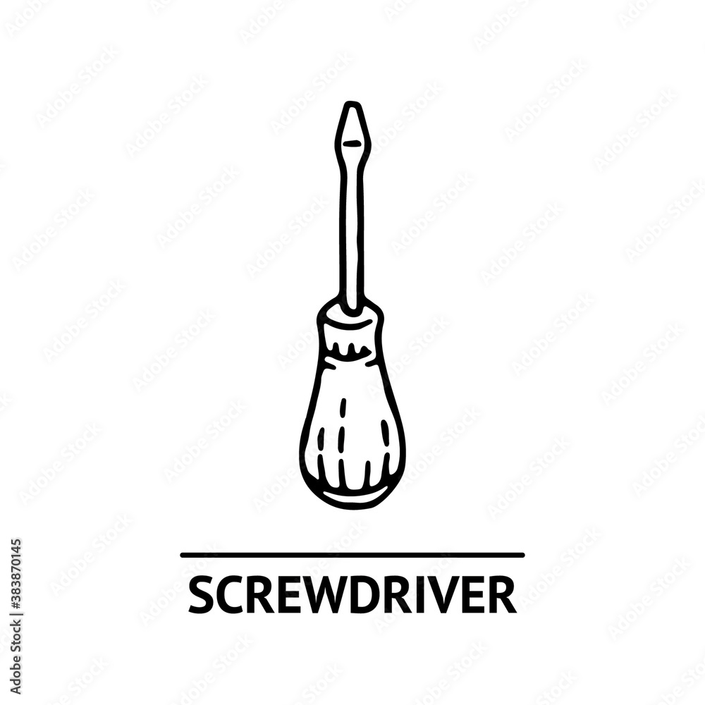 Hand drawn screwdriver icon. Professional labor construction tool with monochrome black and white colors Hand drawn screwdriver icon. Professional labor construction tool with monochrome black and white colors