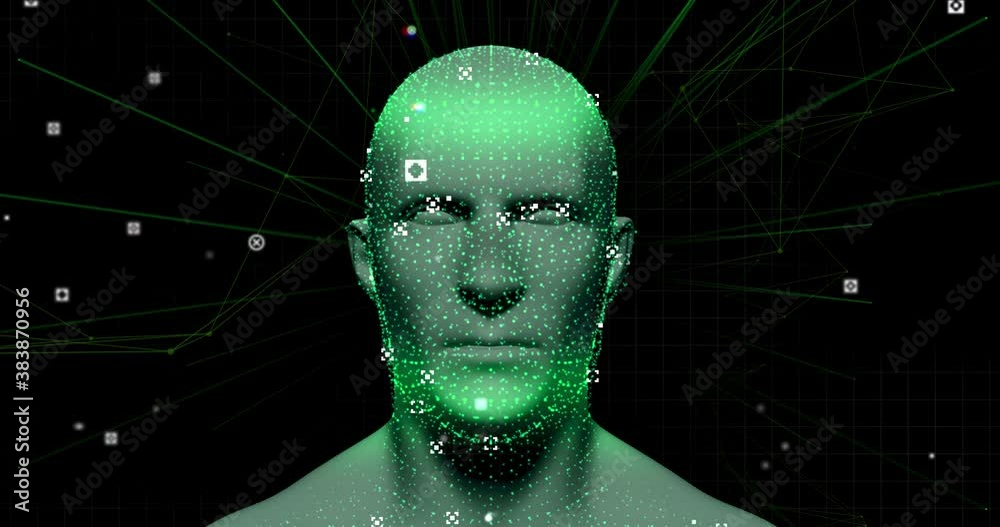 Human head model spinning against flickering light trails on blue background