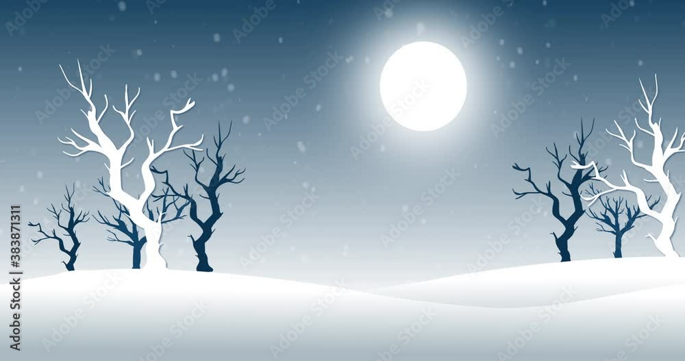 Snow falling against moon and trees in background Snow falling against moon and trees in background