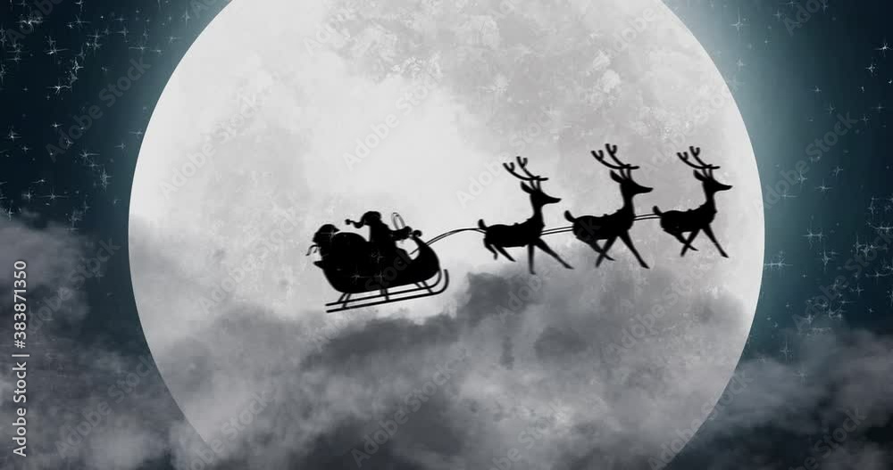 Silhouette of Santa Claus in sleigh being pulled by reindeers against moon Silhouette of Santa Claus in sleigh being pulled by reindeers against moon