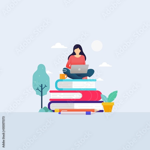 Student studying with laptop for online school education, self learning concept vector illustration