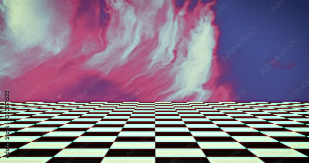 Checker board pattern moving against pink smoke on blue background