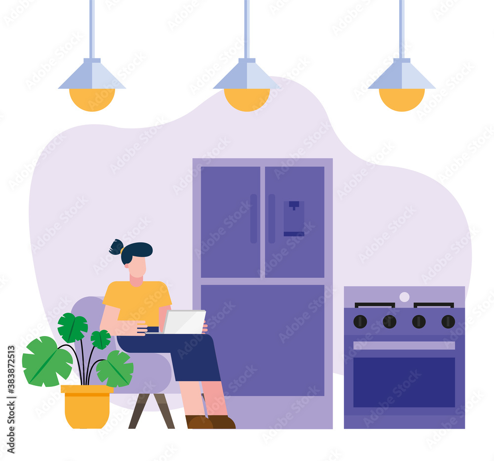 woman with laptop working on chair from home kitchen vector design
