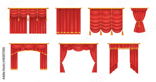 Realistic red theater curtains. Red silk velvet curtains and draperies design interior, theater stage decoration, wedding salon, cinema, hall opera. Luxury fabric texture isolated vector