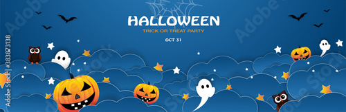 Happy Halloween banner or party invitation on blue background, Halloween with night clouds and pumpkins in paper cut style. Vector illustration. Full moon in the sky, spiders web and flying bats. © Paradox-D