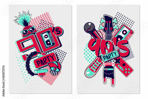 Vintage music posters. 90s style party backgrounds. Funky disco design template. Vector illustration.