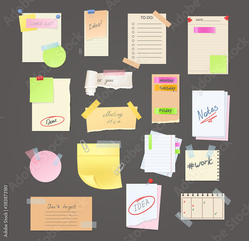 Paper notes on stickers, reminders notepads, memo messages torn paper sheets attached with transparent tape. Office torn pieces for write short notes, messages of meeting reminder, to-do list